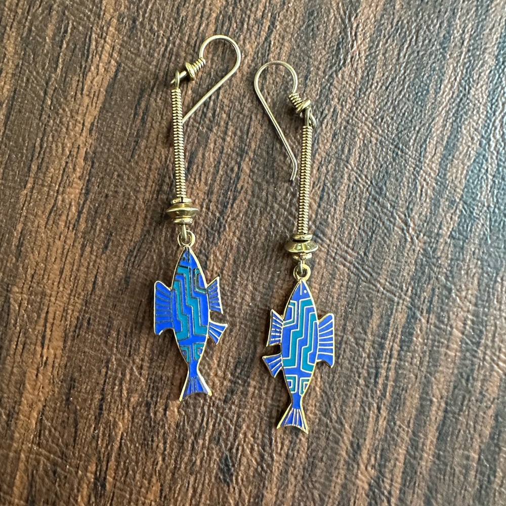 Laurel Burch Blue and Gold Fish Earrings